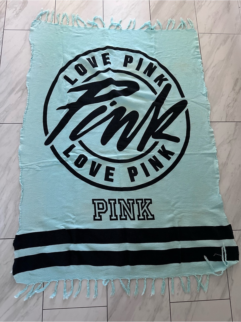 PINK Victoria's Secret Aqua Fringe Logo Throw Cotton Beach Towel